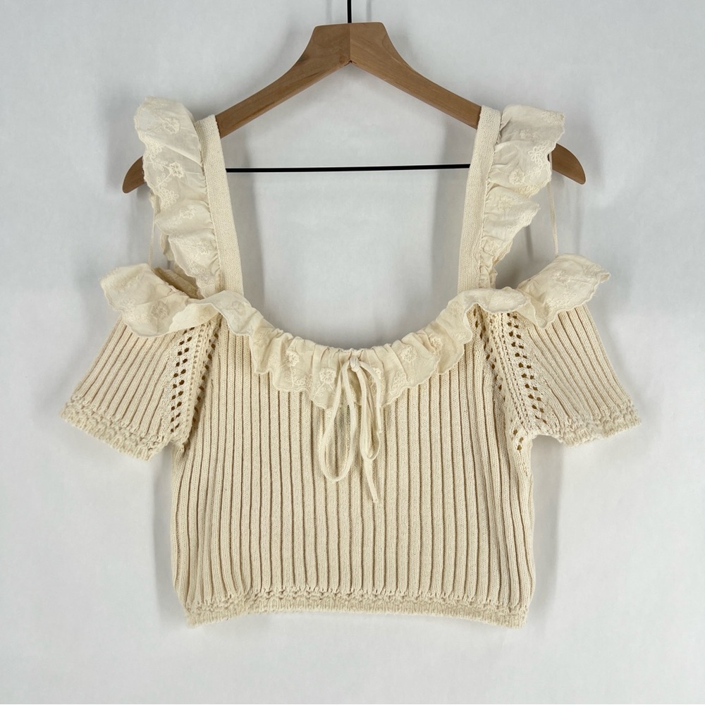 Zara Cream Embroidered Ruffle Trim Ribbed Knit‎ Off The Shoulder Crop Top Size L